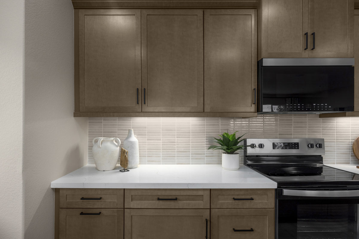 Optional quartz countertops with custom tile backsplash