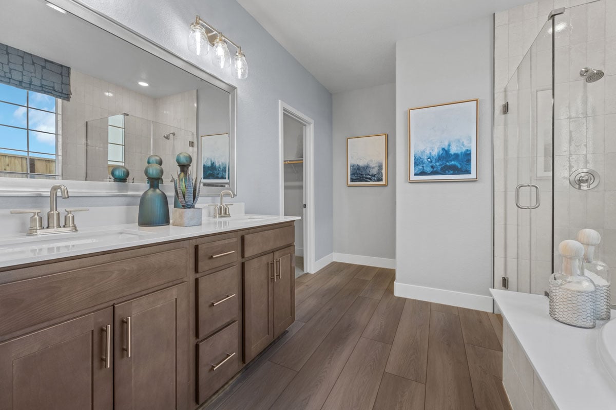 Shaker-style birch bath cabinets 