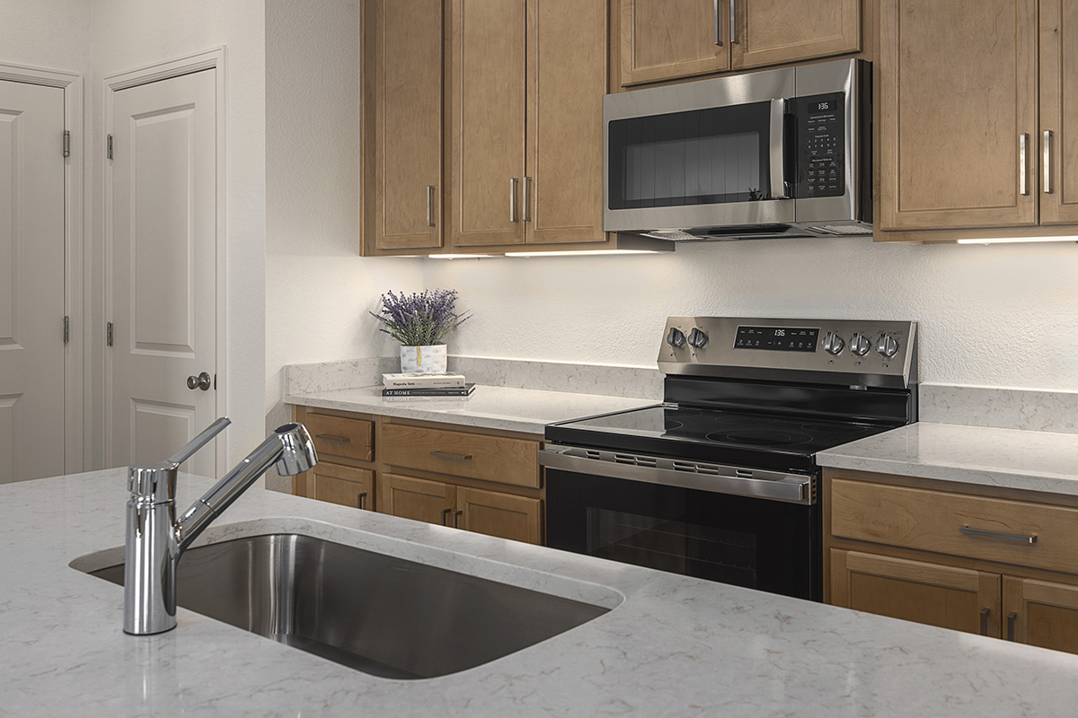 Quartz countertops at kitchen island