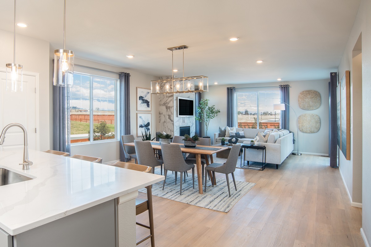 KB model home great room in Johnstown, CO