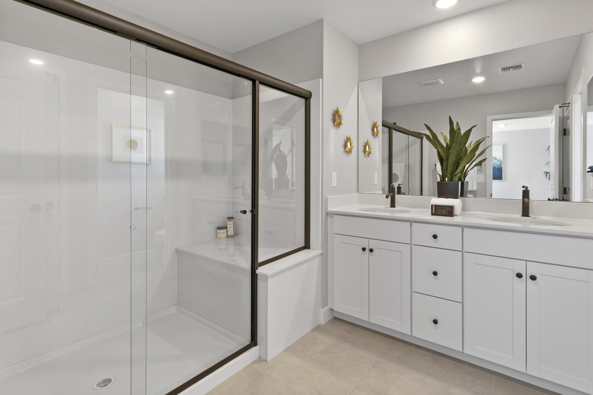 Enlarged shower and extended dual-sink vanity 