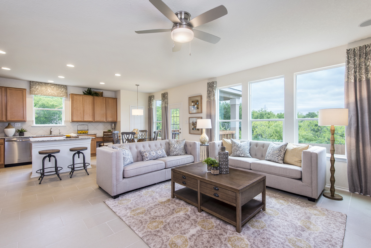 New Homes in San Antonio, TX - Marbella Plan 2708 Great Room as modeled at The Overlook at Medio Creek